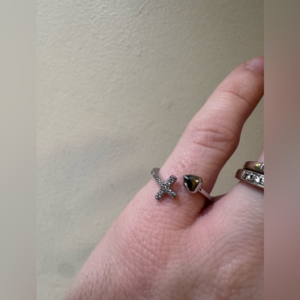 Silver Cross and Heart Ring Set Pinky Finger